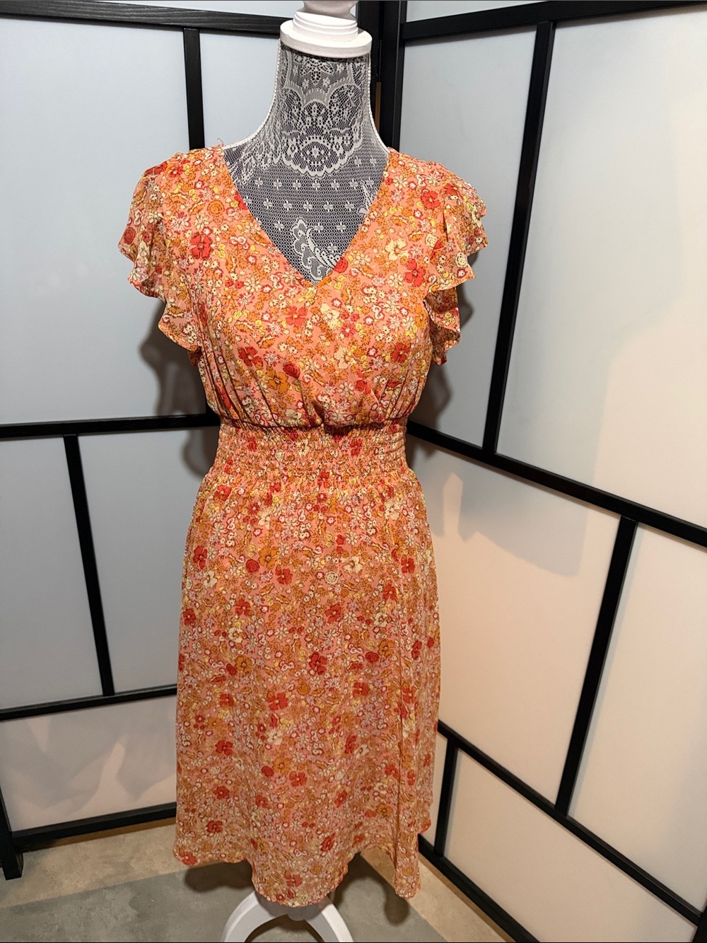 Jessica Simpson Orange Floral V-Neck Smocked Midi Dress